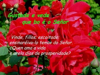 Gustade e vede
     que bo é o Señor

 Vinde, fillos; escoitade:
ensinaréivo-lo temor do Señor.
¿Quen ama a vida
e arela días de prosperidade?
 
