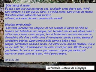 Dille Xesús á xente:
Eu son o pan vivo que baixou do ceo: se alguén come deste pan, vivirá
para sempre; e o pan que eu darei, é a miña carne, para a vida do mundo.
Discutían entón entre eles os xudeus:
-¿Como pode este darnos a come-la súa carne?

Díxolles entón Xesús:
-Con toda verdade volo aseguro: se non coméde-la carne do Fillo do
Home e non bebéde-lo seu sangue, non teredes vida en vós. Quen come a
miña carne e bebe o meu sangue, ten vida eterna e eu resucitareino no
derradeiro día. Pois a miña carne é verdadeira comida e o meu sangue é
verdadeira bebida. Quen come a miña carne e bebe o meu
sangue, permanece en min e eu nel. Así coma o Pai, que me mandou, vive e
eu vivo polo Pai, así tamén quen me coma vivirá por min. 58Este é o pan
que baixou do ceo; non coma o que comeron os pais que mesmo así
morreron: quen come este pan, vivirá para sempre.

Xn 6,51-58

                                  Cafarnaún. Detalle da Sinagoga.
 