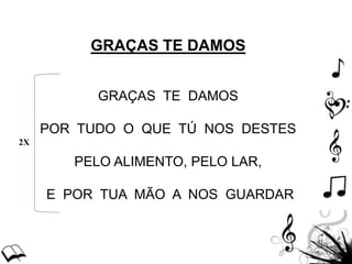 GRAÇAS TE DAMOS
GRAÇAS TE DAMOS
POR TUDO O QUE TÚ NOS DESTES
PELO ALIMENTO, PELO LAR,
E POR TUA MÃO A NOS GUARDAR
2X
 