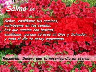 Salmo 24 
Señor, eennssééññaammee ttuuss ccaammiinnooss,, 
iinnssttrrúúyyeemmee eenn ttuuss sseennddaass.. 
hhaazz qquuee ccaammiinnee ccoonn lleeaallttaadd;; 
eennssééññaammee,, ppoorrqquuee ttúú eerreess mmii DDiiooss yy SSaallvvaaddoorr,, 
yy ttooddoo eell ddííaa ttee eessttooyy eessppeerraannddoo.. 
Recuerda, Señor, que tu misericordia es eterna. 
 