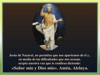 Jesús de Nazaret, no permitas que nos apartemos de ti y,  en medio de las dificultades que nos acosan,  acepta nuestra voz que te confiesa diciendo:  «Señor mío y Dios mío». Amén, Aleluya. 
