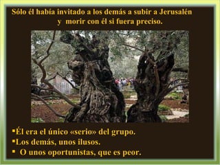 Sólo él había invitado a los demás a subir a Jerusalén  y  morir con él si fuera preciso. Él era el único «serio» del grupo.  Los demás, unos ilusos. O unos oportunistas, que es peor. 