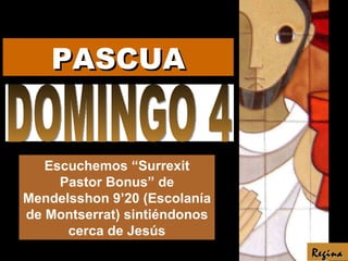 DOMINGO 4 Escuchemos “Surrexit Pastor Bonus” de Mendelsshon 9’20 (Escolanía de Montserrat) sintiéndonos cerca de Jesús Regina PASCUA 