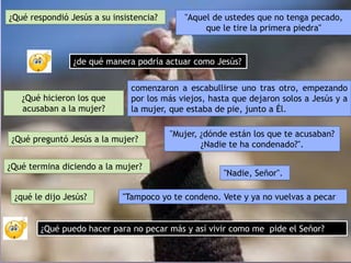 ¿Qué preguntó Jesús a la mujer?
"Mujer, ¿dónde están los que te acusaban?
¿Nadie te ha condenado?".
¿Qué termina diciendo a la mujer?
"Nadie, Señor".
¿qué le dijo Jesús? "Tampoco yo te condeno. Vete y ya no vuelvas a pecar
¿Qué hicieron los que
acusaban a la mujer?
comenzaron a escabullirse uno tras otro, empezando
por los más viejos, hasta que dejaron solos a Jesús y a
la mujer, que estaba de pie, junto a Él.
¿Qué puedo hacer para no pecar más y así vivir como me pide el Señor?
¿Qué respondió Jesús a su insistencia? "Aquel de ustedes que no tenga pecado,
que le tire la primera piedra"
¿de qué manera podría actuar como Jesús?
 