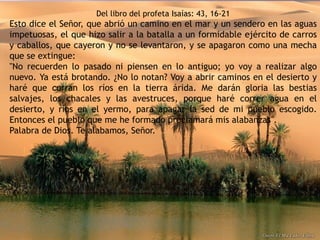 Del libro del profeta Isaías: 43, 16-21
Esto dice el Señor, que abrió un camino en el mar y un sendero en las aguas
impetuosas, el que hizo salir a la batalla a un formidable ejército de carros
y caballos, que cayeron y no se levantaron, y se apagaron como una mecha
que se extingue:
"No recuerden lo pasado ni piensen en lo antiguo; yo voy a realizar algo
nuevo. Ya está brotando. ¿No lo notan? Voy a abrir caminos en el desierto y
haré que corran los ríos en la tierra árida. Me darán gloria las bestias
salvajes, los chacales y las avestruces, porque haré correr agua en el
desierto, y ríos en el yermo, para apagar la sed de mi pueblo escogido.
Entonces el pueblo que me he formado proclamará mis alabanzas".
Palabra de Dios. Te alabamos, Señor.
 