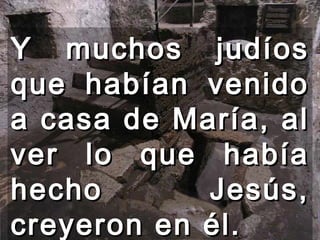 Y muchos judíos que habían venido a casa de María, al ver lo que había hecho Jesús, creyeron en él.  
