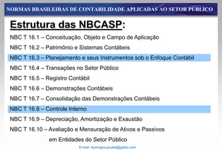 NORMAS BRASILEIRAS DE CONTABILIDADE APLICADAS AO SETOR PÚBLICO


 Estrutura das NBCASP:
 NBC T 16.1 – Conceituação, Objeto e Campo de Aplicação
 NBC T 16.2 – Patrimônio e Sistemas Contábeis
 NBC T 16.3 – Planejamento e seus Instrumentos sob o Enfoque Contábil
 NBC T 16.4 – Transações no Setor Público
 NBC T 16.5 – Registro Contábil
 NBC T 16.6 – Demonstrações Contábeis
 NBC T 16.7 – Consolidação das Demonstrações Contábeis
 NBC T 16.8 – Controle Interno
 NBC T 16.9 – Depreciação, Amortização e Exaustão
 NBC T 16.10 – Avaliação e Mensuração de Ativos e Passivos
               em Entidades do Setor Público
                           E-mail: domingos.poubel@globo.com
 