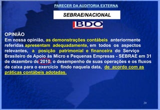 PARECER DA AUDITORIA EXTERNA

                         SEBRAE/NACIONAL


OPINIÃO
Em nossa opinião, as demonstrações contábeis anteriormente
referidas apresentam adequadamente, em todos os aspectos
relevantes, a posição patrimonial e financeira do Serviço
Brasileiro de Apoio às Micro e Pequenas Empresas - SEBRAE em 31
de dezembro de 2010, o desempenho de suas operações e os fluxos
de caixa para o exercício findo naquela data, de acordo com as
práticas contábeis adotadas.




                                                           20
 