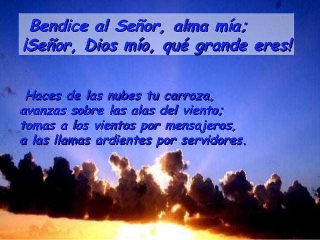 Bendice al Señor, alma mía;¡Señor, Dios mío, qué grande eres! Haces de las nubes tu carroza,avanzas sobre las alas del vie...