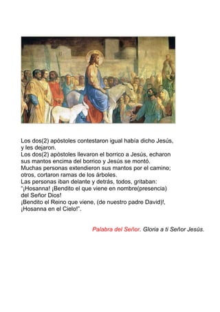 Los dos(2) apóstoles contestaron igual había dicho Jesús,
y les dejaron.
Los dos(2) apóstoles llevaron el borrico a Jesús, echaron
sus mantos encima del borrico y Jesús se montó.
Muchas personas extendieron sus mantos por el camino;
otros, cortaron ramas de los árboles.
Las personas iban delante y detrás, todos, gritaban:
“¡Hosanna! ¡Bendito el que viene en nombre(presencia)
del Señor Dios!
¡Bendito el Reino que viene, (de nuestro padre David)!,
¡Hosanna en el Cielo!”.
Palabra del Señor. Gloria a ti Señor Jesús.
 