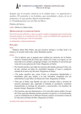 UNIDOS EN LA ORACIÓN - SEMANA SANTA EN CASA
Diócesis de Astorga
13
después que él resucitó, entraron en la ciudad santa y se aparecieron a
muchos. El centurión y sus hombres, que custodiaban a Jesús, al ver el
terremoto y lo que pasaba, dijeron aterrorizados:
S. «Verdaderamente este era Hijo de Dios».
Palabra del Señor.
Todos: Gloria a ti, Señor Jesús.
MEDITACIÓN DE LA PASIÓN DE CRISTO
Tras la lectura de la Pasión, se deja un espacio amplio de SILENCIO para interiorizarla
haciendo propios los sentimientos de Cristo, y para la meditación del significado de
su entrega salvadora por toda la humanidad.
A continuación, se hacen las peticiones.
PLEGARIA
Guía:
Pidamos ahora Dios Padre, que por nosotros entregó a su Hijo Jesús a la
muerte y lo levantó sobre todo, como Mediador nuestro.
Lector:
Por la Iglesia, que se prepara para celebrar los misterios de la Pasión,
muerte y resurrección de Cristo; que, unida a Él, como a su esposo, se vea
renovada en la caridad y proponga siempre a los hombres la salvación que
viene de la cruz gloriosa de Cristo. Roguemos al Señor.
Por nuestra nación y por todas las naciones del mundo, para que Cristo, rey
de paz, instaure en todas las sociedades humanas el suave y poderoso
reinado de la nueva ley del amor. Roguemos al Señor.
Por todos aquellos que, como Cristo, se encuentran abandonados y
humillados, para que, unidos a su cruz salvadora, completen con sus
sufrimientos lo que falta a la Pasión de Cristo. Roguemos al Señor.
Para que el Señor siga fijando sus ojos en muchos niños y jóvenes de
nuestras parroquias que, siguiendo la llamada al sacerdocio, continúen
transmitiendo su mensaje de salvación y misericordia a los hombres de
nuestro tiempo. Roguemos al Señor.
Por nosotros, que nos disponemos a vivir estos días santos unidos a la cruz
de Cristo, para que abramos nuestro corazón a su gracia y a su misericordia,
y por la celebración de su Misterio Pascual, renueve en nosotros el don de
la vida nueva de hijos de Dios. Roguemos al Señor.
Se pueden incluir alguna intención particular.
 