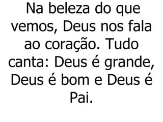 Na beleza do que vemos, Deus nos fala ao coração. Tudo canta: Deus é grande, Deus é bom e Deus é Pai. 