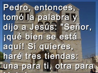 Pedro, entonces, tomó la palabra y dijo a Jesús: "Señor, ¡qué bien se está aquí! Si quieres, haré tres tiendas: una para ti, otra para Moisés y otra para Elías."  