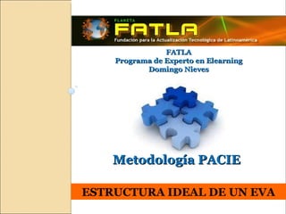 ESTRUCTURA IDEAL DE UN EVA FATLA Programa de Experto en Elearning Domingo Nieves Metodología PACIE 