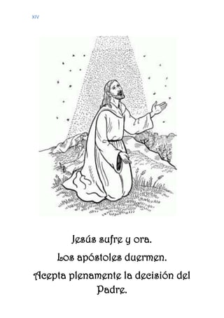 XIV
Jesús sufre y ora.
Los apóstoles duermen.
Acepta plenamente la decisión del
Padre.
 