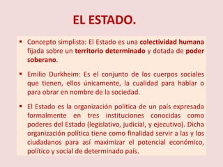 EL ESTADO.
 Concepto simplista: El Estado es una colectividad humana
  fijada sobre un territorio determinado y dotada de poder
  soberano.
 Emilio Durkheim: Es el conjunto de los cuerpos sociales
  que tienen, ellos únicamente, la cualidad para hablar o
  para obrar en nombre de la sociedad.
 El Estado es la organización política de un país expresada
  formalmente en tres instituciones conocidas como
  poderes del Estado (legislativo, judicial, y ejecutivo). Dicha
  organización política tiene como finalidad servir a las y los
  ciudadanos para así maximizar el potencial económico,
  político y social de determinado país.
 