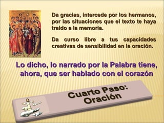 Da gracias, intercede por los hermanos, por las situaciones que el texto te haya traído a la memoria.  Da curso libre a tus capacidades creativas de sensibilidad en la oración. Lo dicho, lo narrado por la Palabra tiene, ahora, que ser hablado con el corazón 
