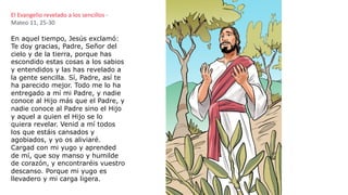 El Evangelio revelado a los sencillos -
Mateo 11, 25-30
En aquel tiempo, Jesús exclamó:
Te doy gracias, Padre, Señor del
cielo y de la tierra, porque has
escondido estas cosas a los sabios
y entendidos y las has revelado a
la gente sencilla. Sí, Padre, así te
ha parecido mejor. Todo me lo ha
entregado a mí mi Padre, y nadie
conoce al Hijo más que el Padre, y
nadie conoce al Padre sino el Hijo
y aquel a quien el Hijo se lo
quiera revelar. Venid a mí todos
los que estáis cansados y
agobiados, y yo os aliviaré.
Cargad con mi yugo y aprended
de mí, que soy manso y humilde
de corazón, y encontraréis vuestro
descanso. Porque mi yugo es
llevadero y mi carga ligera.
 