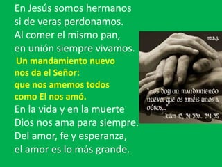 En Jesús somos hermanos 
si de veras perdonamos. 
Al comer el mismo pan, 
en unión siempre vivamos. 
Un mandamiento nuevo ...
