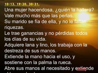 Lectura del libro de los Proverbios 31, 
10-13. 19-20. 30-31. 
Una mujer hacendosa, ¿quién la hallará? 
Vale mucho más que...