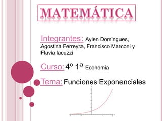 Integrantes: Aylen Domingues,
Agostina Ferreyra, Francisco Marconi y
Flavia Iacuzzi

Curso: 4º 1ª Economia

Tema: Funciones Exponenciales

 