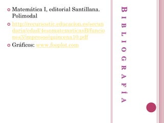 B
I B L I O G R A F Í A

Matemática I, editorial Santillana.
Polimodal
 http://recursostic.educacion.es/secun
daria/edad/4esomatematicasB/funcio
nes3/impresos/quincena10.pdf
 Gráficos: www.fooplot.com


 