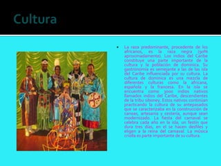    La raza predominante, procedente de los
    africanos, es la raza negra (90%
    aproximadamente). Los indios del Caribe
    constituye una parte importante de la
    cultura y la población de dominica. Su
    gastronomía es semejante a las de las isla
    del Caribe influenciada por su cultura. La
    cultura de dominica es una mezcla de
    diferentes culturas como la africana,
    española y la francesa. En la isla se
    encuentra como 3000 indios nativos
    llamados indios del Caribe, descendientes
    de la tribu siboney. Estos nativos continúan
    practicando la cultura de su antepasados
    que se caracterizaba en la construcción de
    canoas, artesanía y cestería, aunque sean
    modernizado. La fiesta del carnaval se
    celebra cada año en la isla, un festín que
    dura tres días, en el se hacen desfiles y
    eligen a la reina del carnaval. La música
    criolla es parte importante de su cultura.
 