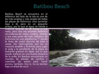 Batibou Beach se encuentra en el
Atlántico del lado de la isla es una de
las más amplias y más amplia de todas
las playas de Dominica. Una corriente
baja a él, pero es un pequeño
arroyo, por lo que el agua no tiende a
nublarse después de las lluvias (y una
nada, pero rara vez snorkels Atlántico
secundarios-de todos modos). Debido
a que esta parte del lado Atlántico de
Dominica es una plataforma "? donde
la línea de costa discurre de este a
oeste, los interruptores son en su
mayoría amable y divertido para jugar
el pulg y la pendiente de la playa es
bastante gradual sin dejar, por lo que
puede meterse en una buena distancia
de la orilla. En Batibou encontrarás un
montón de árboles de sombra y
manchas de arena para hacer
picnics, también. Eso sí, no se sientan
bajo un árbol de coco!
 