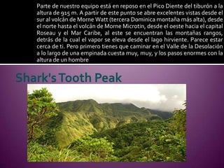 Parte de nuestro equipo está en reposo en el Pico Diente del tiburón a la
altura de 915 m. A partir de este punto se abre excelentes vistas desde el
sur al volcán de Morne Watt (tercera Dominica montaña más alta), desde
el norte hasta el volcán de Morne Microtin, desde el oeste hacia el capital
Roseau y el Mar Caribe, al este se encuentran las montañas rangos,
detrás de la cual el vapor se eleva desde el lago hirviente. Parece estar
cerca de ti. Pero primero tienes que caminar en el Valle de la Desolación
a lo largo de una empinada cuesta muy, muy, y los pasos enormes con la
altura de un hombre
 