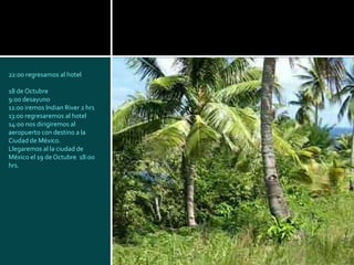 22:00 regresamos al hotel

18 de Octubre
9:00 desayuno
11:00 iremos Indian River 2 hrs
13:00 regresaremos al hotel
14:00 nos dirigiremos al
aeropuerto con destino a la
Ciudad de México.
Llegaremos al la ciudad de
México el 19 de Octubre 18:00
hrs.
 