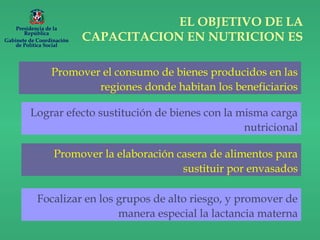 Promover el consumo de bienes producidos en las
regiones donde habitan los beneficiarios
Lograr efecto sustitución de bienes con la misma carga
nutricional
Promover la elaboración casera de alimentos para
sustituir por envasados
Focalizar en los grupos de alto riesgo, y promover de
manera especial la lactancia materna
EL OBJETIVO DE LA
CAPACITACION EN NUTRICION ES
Presidencia de la
República
Gabinete de Coordinación
de Política Social
 