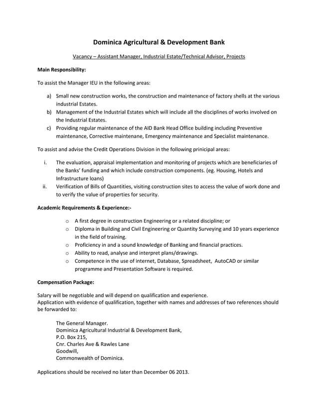 Dominica Agricultural Industrial & Development Bank VACANCY PDF