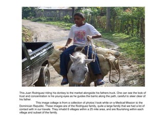 This Juan Rodriguez riding his donkey to the market alongside his fathers truck. One can see the look of trust and concentration is his young eyes as he guides the barrio along the path, careful to steer clear of his father.  This image collage is from a collection of photos I took while on a Medical Mission to the Dominican Republic. These images are of the Rodriguez family, quite a large family that we had a lot of contact with in our travels. They inhabit 6 villages within a 25 mile area, and are flourishing within each village and subset of the family.  