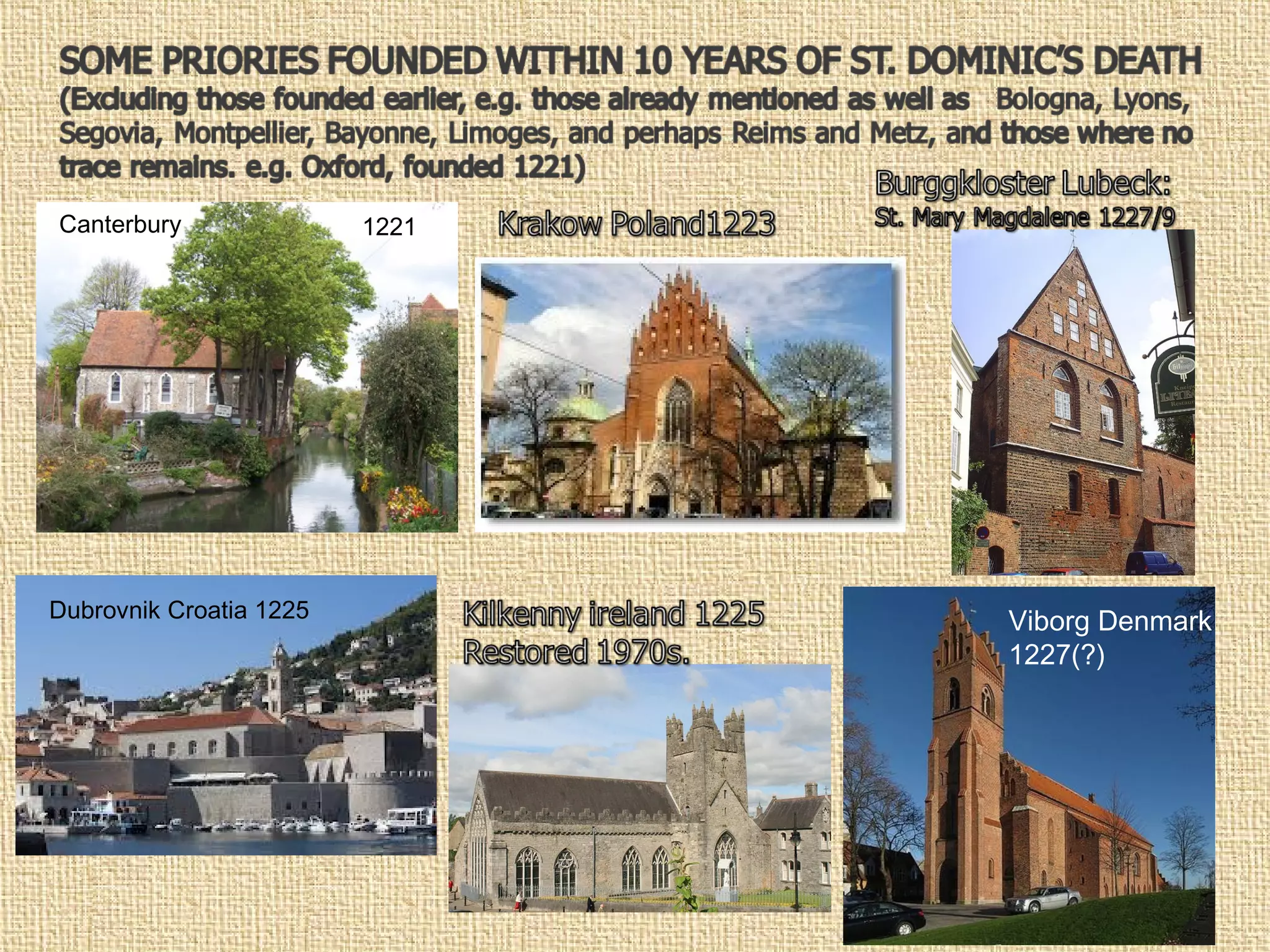 Dubrovnik Croatia 1225 Viborg Denmark
1227(?)
Canterbury 1221
 