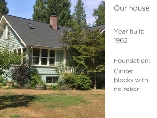 Year built:
1962
Foundation:
Cinder
blocks with
no rebar
Our house
 