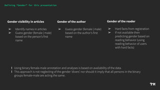 Defining “Gender” for this presentation
Gender visibility in articles
➢ Identify names in articles
➢ Guess gender (female ...