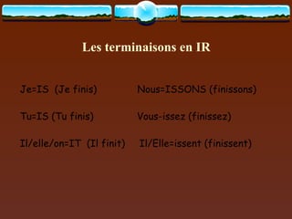 Les terminaisons en IR Je=IS  (Je finis)  Nous=ISSONS (finissons)  Tu=IS (Tu finis)  Vous-issez (finissez) Il/elle/on=IT  (Il finit)  Il/Elle=issent (finissent) 