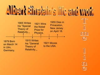 1879 Born on March 14 in Ulm, Gwrmany. 1905 Writes his ”Special Theory of Relativity.,, 1915 Writes his ”General Theory of Relativity.,, 1921 Moves to the USA. 1921 Wins the Nobel Prize for Physics. 1955 Dies in Prinaceton, New Jersey on April 18. Time line Albert Einstain's life and work 