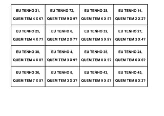 EU TENHO 21,

EU TENHO 72,

EU TENHO 28,

EU TENHO 14,

QUEM TEM 4 X 6?

QUEM TEM 9 X 9?

QUEM TEM 6 X 5?

QUEM TEM 2 X 2?

EU TENHO 25,

EU TENHO 6,

EU TENHO 32,

EU TENHO 27,

QUEM TEM 4 X 7?

QUEM TEM 2 X 7?

QUEM TEM 5 X 9?

QUEM TEM 3 X 4?

EU TENHO 30,

EU TENHO 4,

EU TENHO 35,

EU TENHO 24,

QUEM TEM 4 X 8?

QUEM TEM 3 X 9?

QUEM TEM 8 X 5?

QUEM TEM 6 X 6?

EU TENHO 36,

EU TENHO 8,

EU TENHO 42,

EU TENHO 45,

QUEM TEM 7 X 5?

QUEM TEM 3 X 3?

QUEM TEM 9 X 5?

QUEM TEM 8 X 3?

 