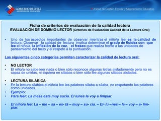 Ficha de criterios de evaluación de la calidad lectora EVALUACIÓN DE DOMINIO LECTOR  (Criterios de Evaluación Calidad de l...