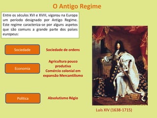 O Antigo Regime
Entre os séculos XVI e XVIII, vigorou na Europa
um período designado por Antigo Regime.
Este regime caracteriza-se por alguns aspetos
que são comuns a grande parte dos países
europeus:
Sociedade Sociedade de ordens
Economia
Agricultura pouco
produtiva
Comércio colonial em
expansão Mercantilismo
Política Absolutismo Régio
Luís XIV (1638-1715)
 