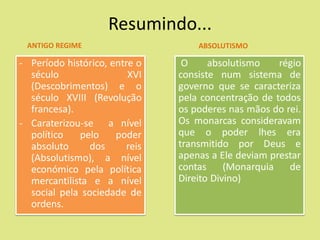 Resumindo...
O absolutismo régio
consiste num sistema de
governo que se caracteriza
pela concentração de todos
os poderes nas mãos do rei.
Os monarcas consideravam
que o poder lhes era
transmitido por Deus e
apenas a Ele deviam prestar
contas (Monarquia de
Direito Divino)
- Período histórico, entre o
século XVI
(Descobrimentos) e o
século XVIII (Revolução
francesa).
- Caraterizou-se a nível
político pelo poder
absoluto dos reis
(Absolutismo), a nível
económico pela política
mercantilista e a nível
social pela sociedade de
ordens.
ANTIGO REGIME ABSOLUTISMO
 