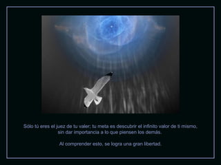 Sólo tú eres el juez de tu valer; tu meta es descubrir el infinito valor de ti mismo,
sin dar importancia a lo que piensen los demás.
Al comprender esto, se logra una gran libertad.

 