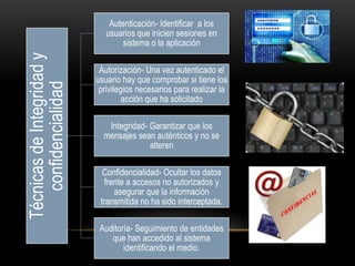 Autenticación- Identificar a los
                              usuarios que inicien sesiones en
Técnicas de Integridad y           sistema o la aplicación

                            Autorización- Una vez autenticado el
                           usuario hay que comprobar si tiene los
   confidencialidad
                            privilegios necesarios para realizar la
                                    acción que ha solicitado

                              Integridad- Garantizar que los
                             mensajes sean auténticos y no se
                                          alteren

                             Confidencialidad- Ocultar los datos
                             frente a accesos no autorizados y
                                asegurar que la información
                            transmitida no ha sido interceptada.

                            Auditoría- Seguimiento de entidades
                               que han accedido al sistema
                                   identificando el medio.
 