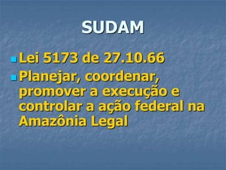 SUDAMLei 5173 de 27.10.66Planejar, coordenar, promover a execução e controlar a ação federal na Amazônia Legal