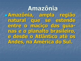AmazôniaAmazônia, ampla região natural que se estende entre o maciço das guia-nas e o planalto brasileiro, e desde o Atlântico até os Andes, na América do Sul.