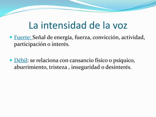 La intensidad de la voz
 Fuerte: Señal de energía, fuerza, convicción, actividad,
  participación o interés.

 Débil: se relaciona con cansancio físico o psíquico,
  aburrimiento, tristeza , inseguridad o desinterés.
 