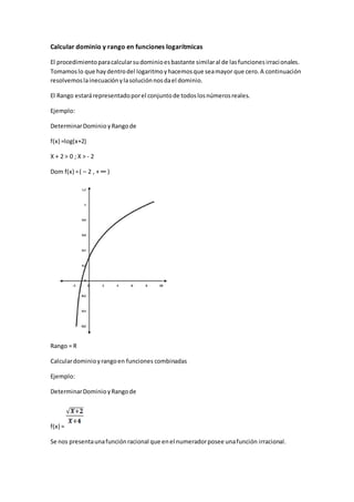 Calcular dominio y rango en funciones logarítmicas
El procedimientoparacalcularsudominioesbastante similaral de lasfuncionesirracionales.
Tomamoslo que haydentrodel logaritmoyhacemosque seamayor que cero.A continuación
resolvemoslainecuaciónylasoluciónnosdael dominio.
El Rango estarárepresentadoporel conjuntode todoslosnúmerosreales.
Ejemplo:
DeterminarDominio yRangode
f(x) =log(x+2)
X + 2 > 0 ; X > - 2
Dom f(x) =( – 2 , + ∞ )
Rango = R
Calculardominioyrangoen funciones combinadas
Ejemplo:
DeterminarDominioyRangode
f(x) =
Se nos presentaunafunciónracional que enel numeradorposee unafunción irracional.
 