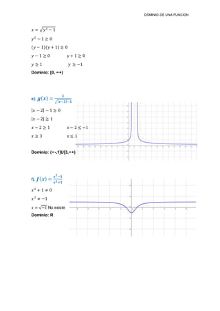 DOMINIO DE UNA FUNCION
𝑥 = √ 𝑦2 − 1
𝑦2
− 1 ≥ 0
(𝑦 − 1)(𝑦 + 1) ≥ 0
𝑦 − 1 ≥ 0 𝑦 + 1 ≥ 0
𝑦 ≥ 1 𝑦 ≥ −1
Dominio: [0, ∞+)
e). 𝒈( 𝒙) =
𝟐
√| 𝒙−𝟐|−𝟏
| 𝑥 − 2| − 1 ≥ 0
| 𝑥 − 2| ≥ 1
𝑥 − 2 ≥ 1 𝑥 − 2 ≤ −1
𝑥 ≥ 3 𝑥 ≤ 1
Dominio: (∞-,1]U[3,∞+)
f). 𝒇( 𝒙) =
𝒙 𝟐−𝟏
𝒙 𝟐+𝟏
𝑥2
+ 1 ≠ 0
𝑥2
≠ −1
𝑥 = √−1 No existe
Dominio: R
 
