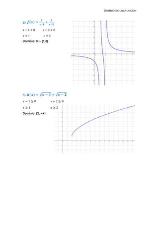 DOMINIO DE UNA FUNCION
g). 𝒇( 𝒙) =
𝟏
𝒙−𝟏
+
𝟏
𝒙−𝟐
𝑥 − 1 ≠ 0 𝑥 − 2 ≠ 0
𝑥 ≠ 1 𝑥 ≠ 2
Dominio: R – {1,2}
h). 𝒉( 𝒙) = √ 𝒙 − 𝟏 + √ 𝒙 − 𝟐
𝑥 − 1 ≥ 0 𝑥 − 2 ≥ 0
𝑥 ≥ 1 𝑥 ≥ 2
Dominio: [2, ∞+)
 